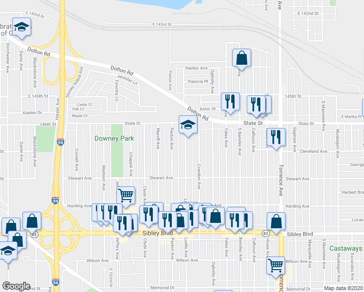 map of restaurants, bars, coffee shops, grocery stores, and more near 308 Luella Avenue in Calumet City