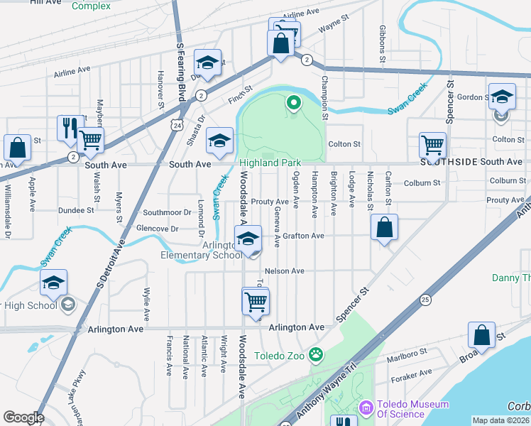 map of restaurants, bars, coffee shops, grocery stores, and more near 636 Toronto Avenue in Toledo