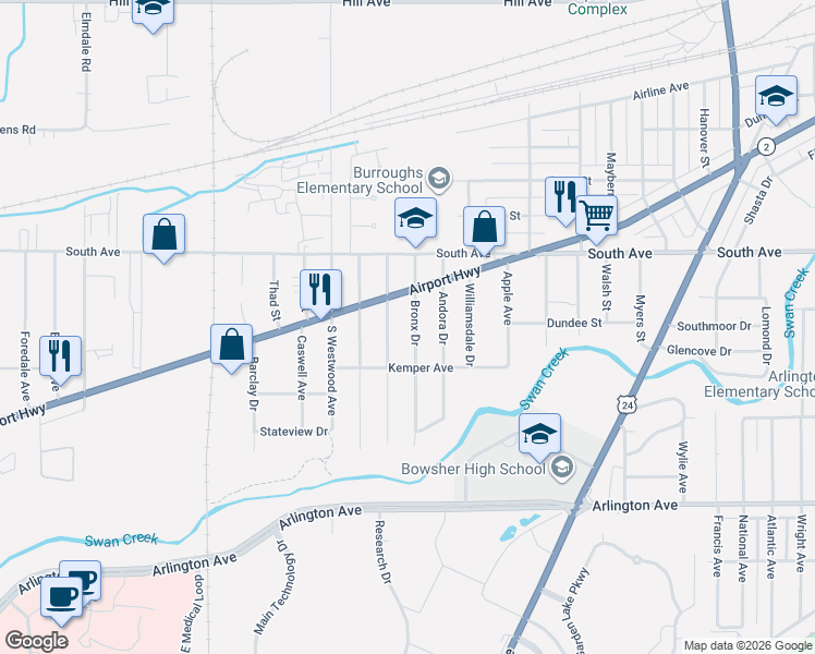 map of restaurants, bars, coffee shops, grocery stores, and more near 609 Colima Drive in Toledo