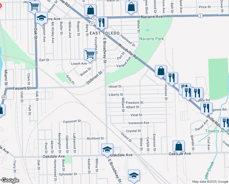 map of restaurants, bars, coffee shops, grocery stores, and more near 1106 Liberty Street in Toledo