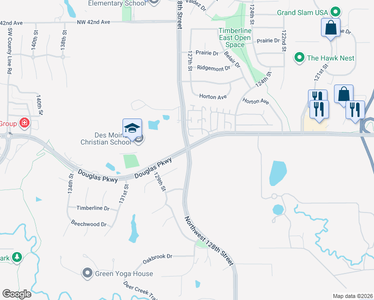 map of restaurants, bars, coffee shops, grocery stores, and more near Douglas Pkwy & 128th St in Urbandale