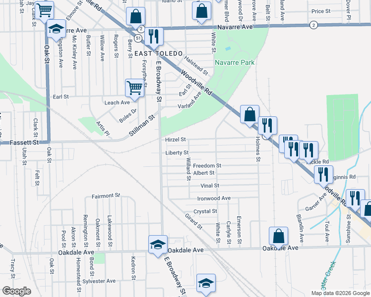 map of restaurants, bars, coffee shops, grocery stores, and more near 1212 Liberty Street in Toledo