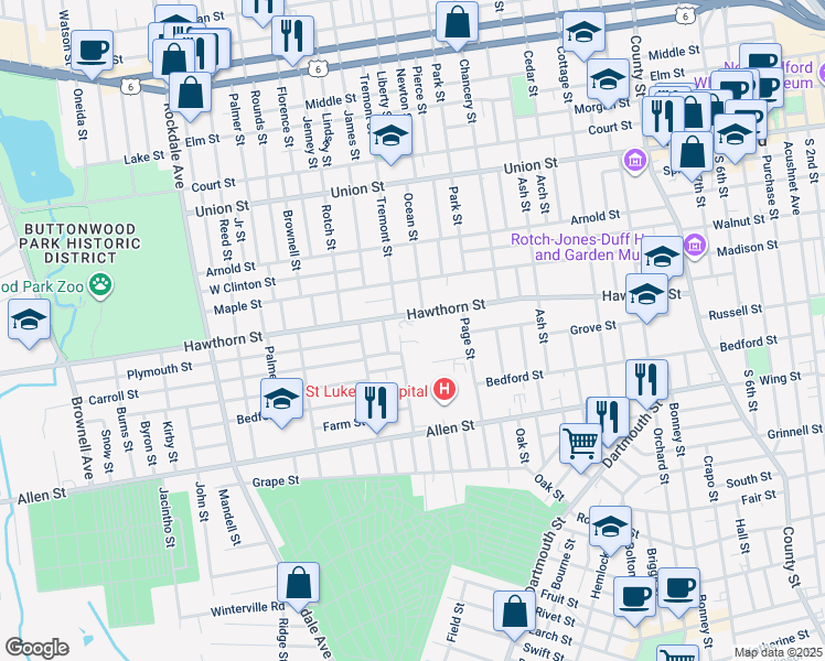 map of restaurants, bars, coffee shops, grocery stores, and more near 98 West Street in New Bedford