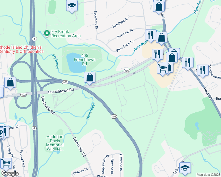 map of restaurants, bars, coffee shops, grocery stores, and more near 335 Frenchtown Road in East Greenwich