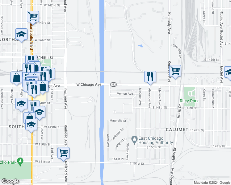 map of restaurants, bars, coffee shops, grocery stores, and more near 411 Vernon Avenue in East Chicago