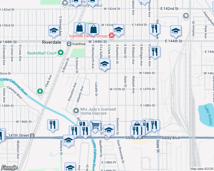 map of restaurants, bars, coffee shops, grocery stores, and more near 111 146th Street in Dolton
