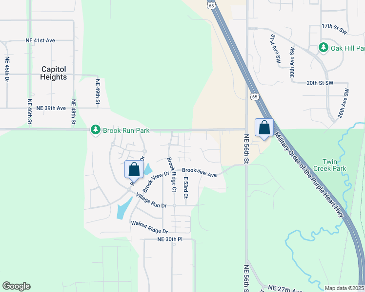 map of restaurants, bars, coffee shops, grocery stores, and more near 1104 Meadow Wood Circle in Des Moines