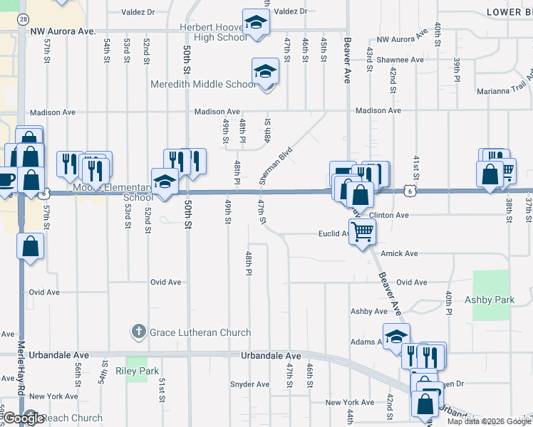 map of restaurants, bars, coffee shops, grocery stores, and more near 3605 47th Street in Des Moines