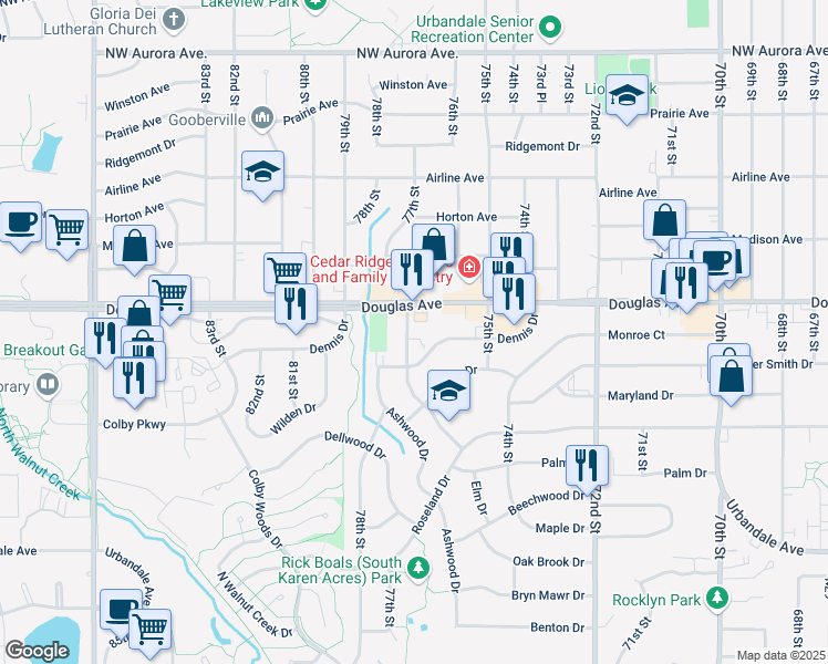 map of restaurants, bars, coffee shops, grocery stores, and more near 3610 Elm Drive in Urbandale