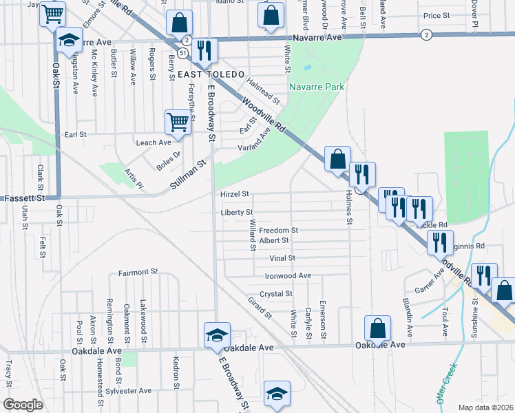 map of restaurants, bars, coffee shops, grocery stores, and more near 1212 Liberty Street in Toledo