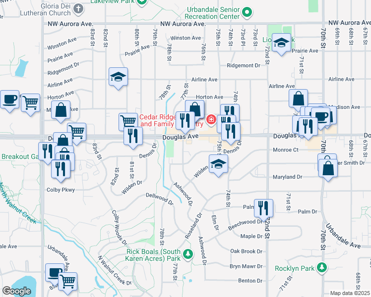 map of restaurants, bars, coffee shops, grocery stores, and more near 3610 Elm Drive in Urbandale
