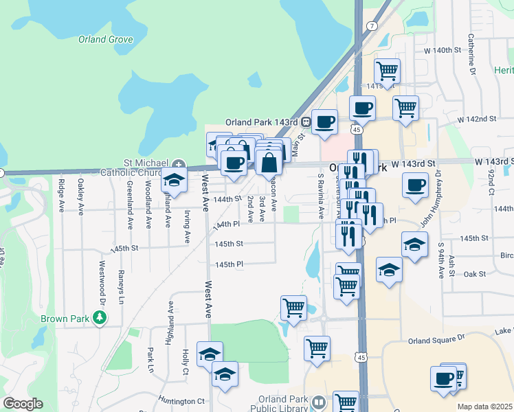 map of restaurants, bars, coffee shops, grocery stores, and more near 9830 West 144th Place in Orland Park