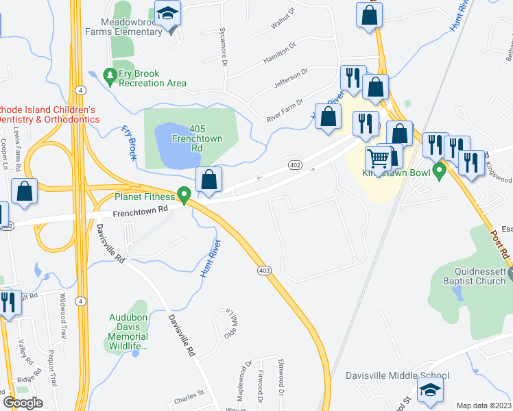 map of restaurants, bars, coffee shops, grocery stores, and more near 335 Frenchtown Road in East Greenwich