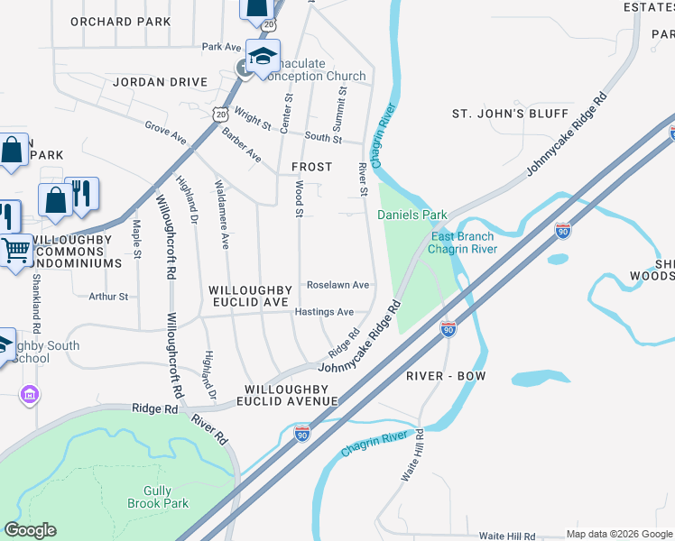 map of restaurants, bars, coffee shops, grocery stores, and more near 38268 Roselawn Avenue in Willoughby