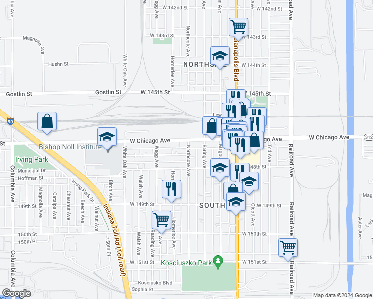 map of restaurants, bars, coffee shops, grocery stores, and more near 4712 Northcote Avenue in East Chicago