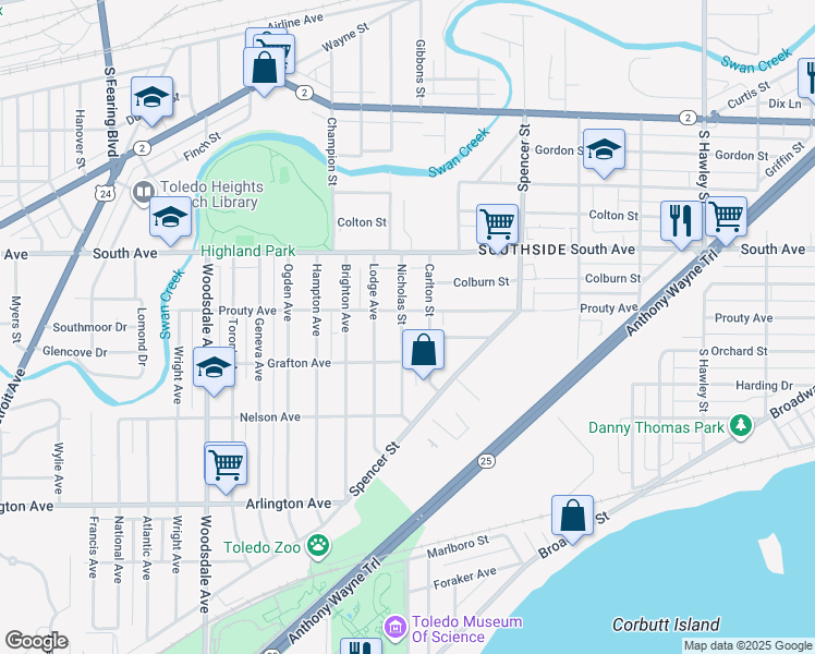 map of restaurants, bars, coffee shops, grocery stores, and more near 636 Carlton Street in Toledo