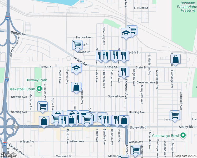 map of restaurants, bars, coffee shops, grocery stores, and more near 307 Yates Avenue in Calumet City