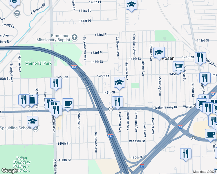 map of restaurants, bars, coffee shops, grocery stores, and more near 42 Mozart Avenue in Posen