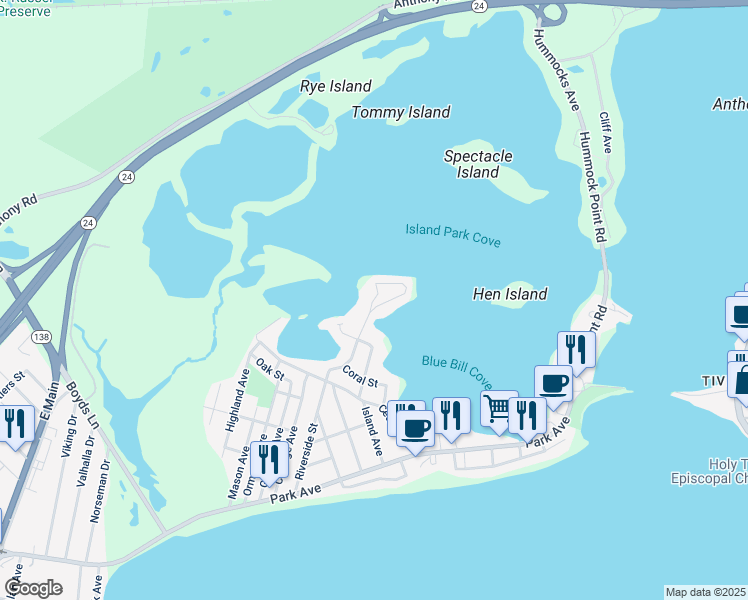 map of restaurants, bars, coffee shops, grocery stores, and more near 337 Riverside St in Portsmouth