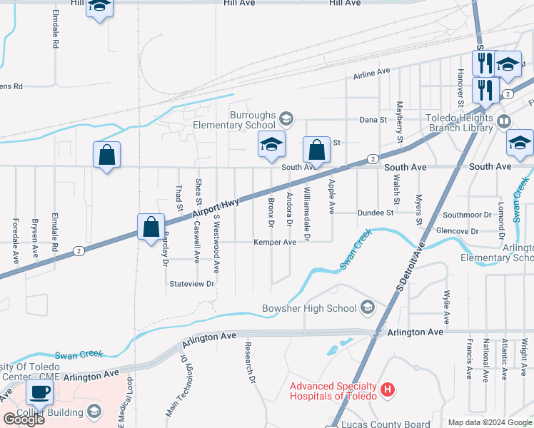 map of restaurants, bars, coffee shops, grocery stores, and more near 574 Bronx Drive in Toledo