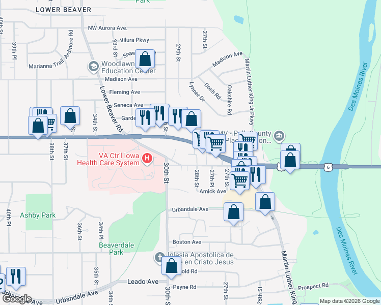 map of restaurants, bars, coffee shops, grocery stores, and more near 2800 Douglas Avenue in Des Moines