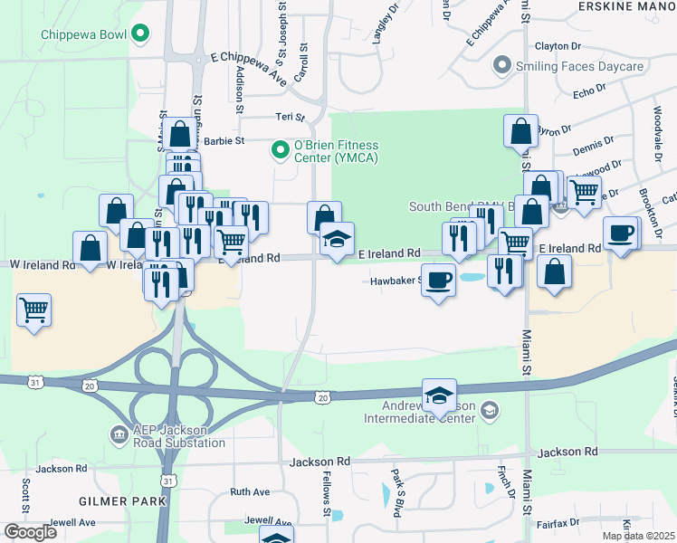 map of restaurants, bars, coffee shops, grocery stores, and more near 530 East Ireland Road in South Bend