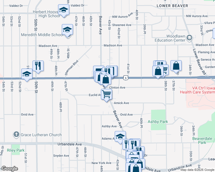 map of restaurants, bars, coffee shops, grocery stores, and more near 3601 Beaver Avenue in Des Moines