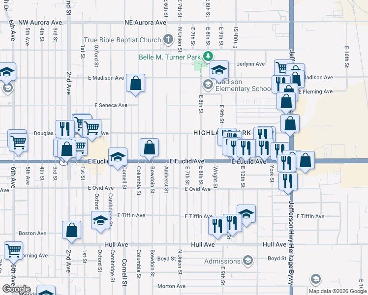 map of restaurants, bars, coffee shops, grocery stores, and more near 616 East Euclid Avenue in Des Moines