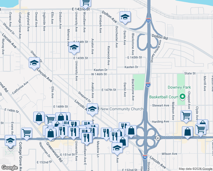 map of restaurants, bars, coffee shops, grocery stores, and more near 14700 Kenwood Avenue in Dolton
