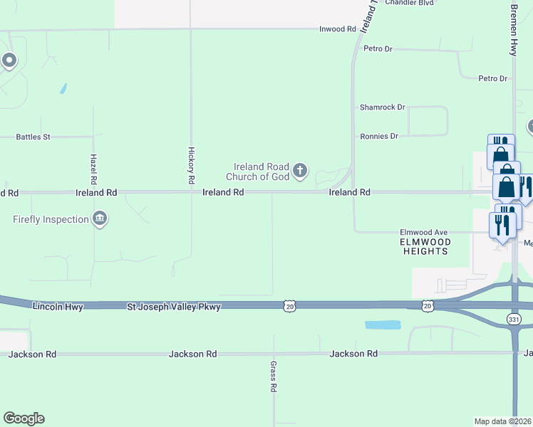 map of restaurants, bars, coffee shops, grocery stores, and more near 59589 Grass Road in Mishawaka