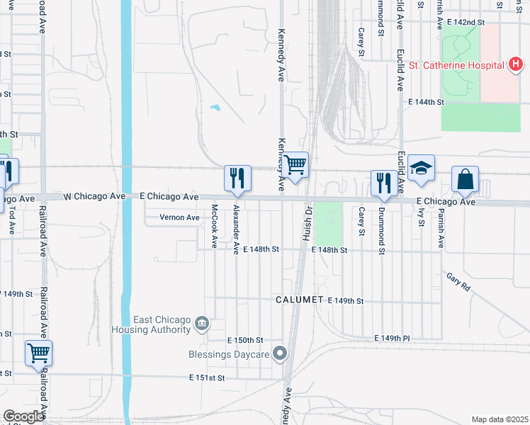 map of restaurants, bars, coffee shops, grocery stores, and more near 4734 Kennedy Avenue in East Chicago