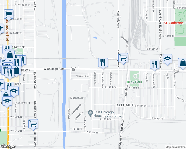 map of restaurants, bars, coffee shops, grocery stores, and more near 469 Vernon Avenue in East Chicago