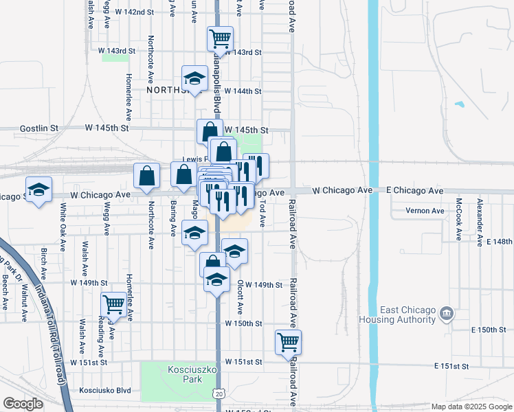 map of restaurants, bars, coffee shops, grocery stores, and more near 4732 Tod Ave in East Chicago