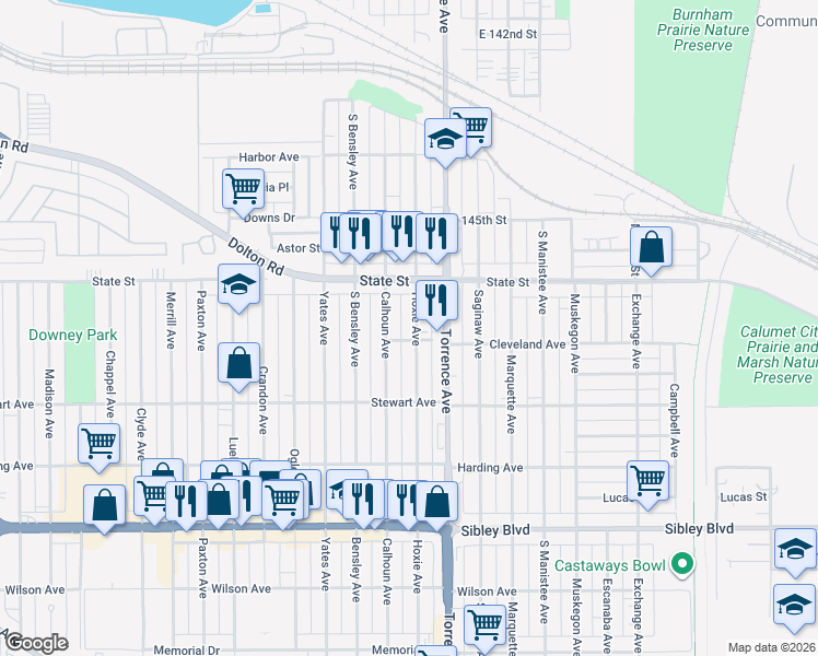 map of restaurants, bars, coffee shops, grocery stores, and more near 325 Calhoun Avenue in Calumet City
