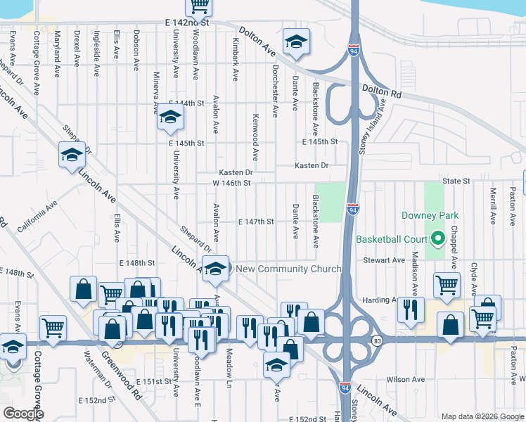 map of restaurants, bars, coffee shops, grocery stores, and more near 14700 Dorchester Avenue in Dolton