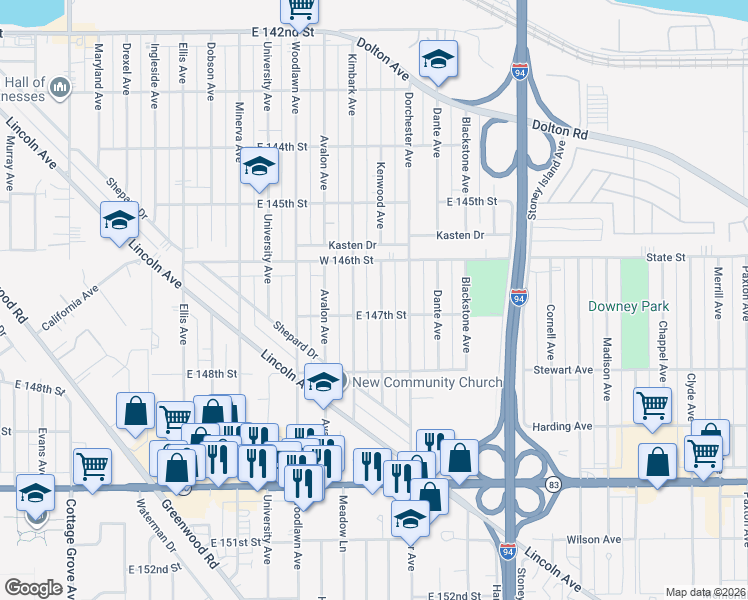map of restaurants, bars, coffee shops, grocery stores, and more near 14700 Kenwood Avenue in Dolton