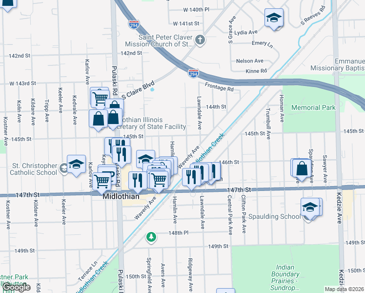 map of restaurants, bars, coffee shops, grocery stores, and more near 14541 Hamlin Avenue in Midlothian