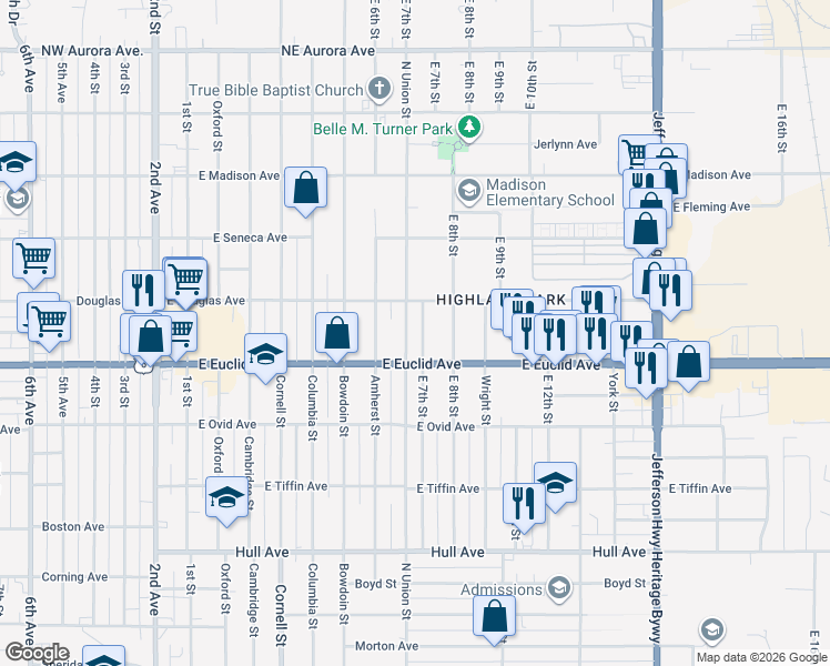 map of restaurants, bars, coffee shops, grocery stores, and more near 616 East Euclid Avenue in Des Moines