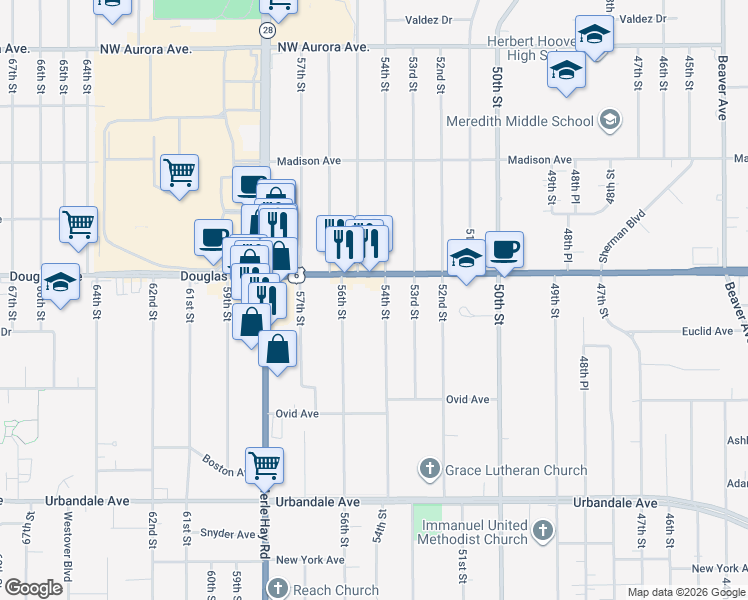 map of restaurants, bars, coffee shops, grocery stores, and more near 3602 54th Street in Des Moines
