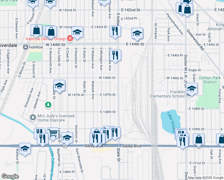 map of restaurants, bars, coffee shops, grocery stores, and more near 14633 South Edbrooke Avenue in Dolton