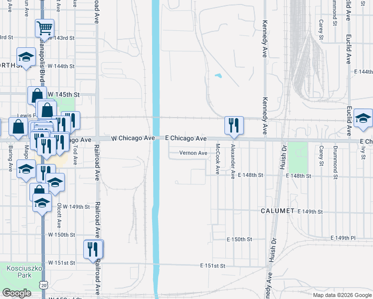 map of restaurants, bars, coffee shops, grocery stores, and more near 441 Vernon Avenue in East Chicago