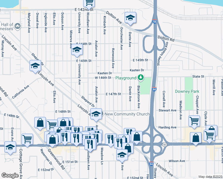 map of restaurants, bars, coffee shops, grocery stores, and more near 14634 Kenwood Avenue in Dolton