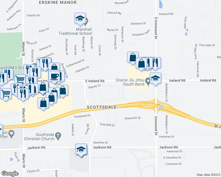 map of restaurants, bars, coffee shops, grocery stores, and more near 4529 Macdougall Court in South Bend