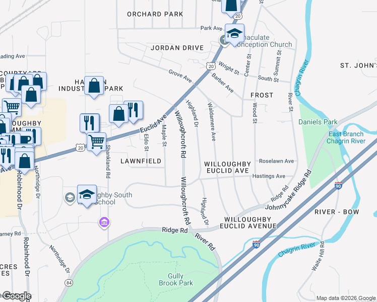 map of restaurants, bars, coffee shops, grocery stores, and more near 4791 Willoughcroft Road in Willoughby