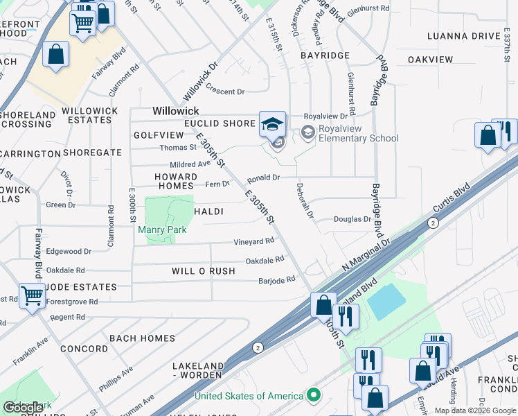 map of restaurants, bars, coffee shops, grocery stores, and more near 30412 Gebhart Place in Willowick