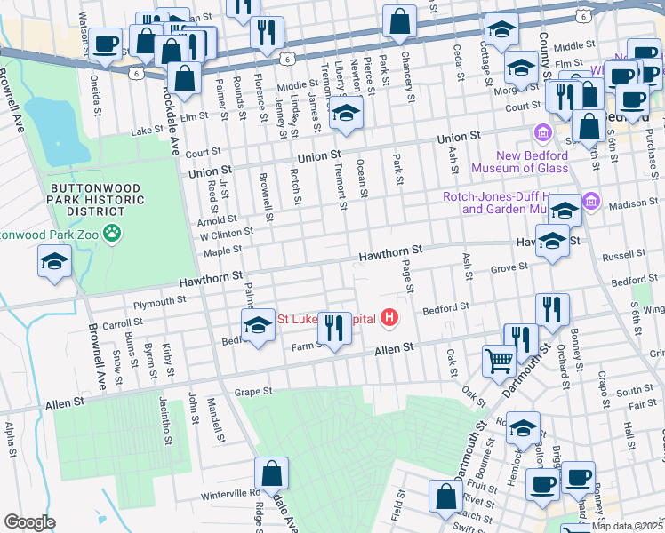 map of restaurants, bars, coffee shops, grocery stores, and more near 224 Hawthorn Street in New Bedford
