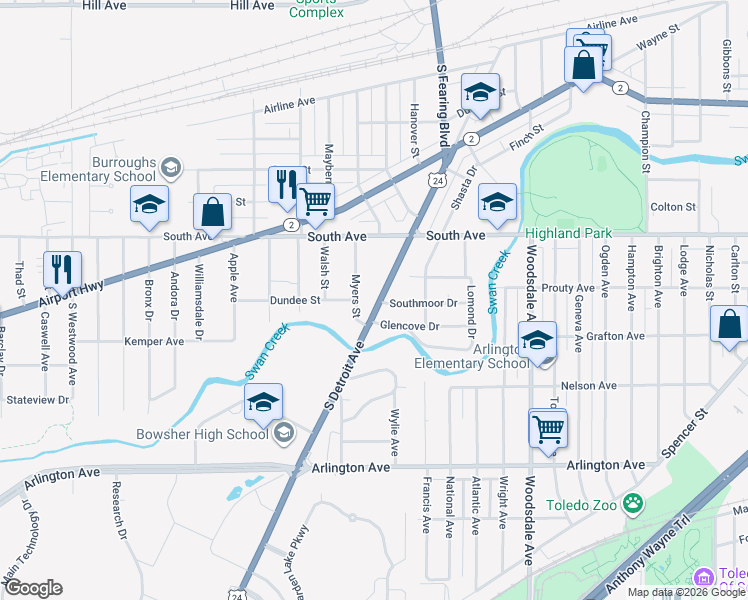 map of restaurants, bars, coffee shops, grocery stores, and more near 600 South Detroit Avenue in Toledo