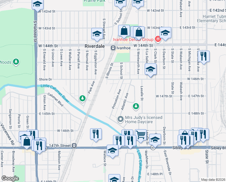 map of restaurants, bars, coffee shops, grocery stores, and more near 14652 Princeton Avenue in Dolton
