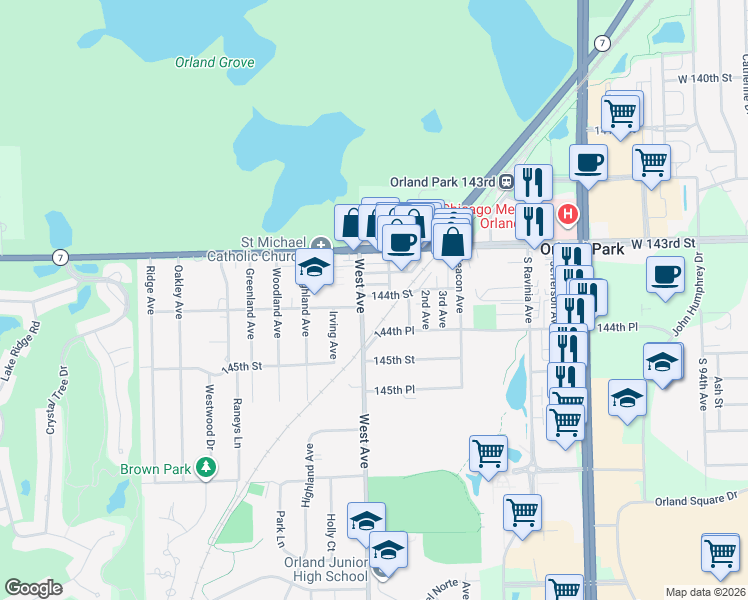 map of restaurants, bars, coffee shops, grocery stores, and more near 9967 144th Street in Orland Park
