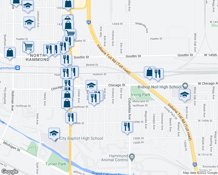 map of restaurants, bars, coffee shops, grocery stores, and more near 1014 Chicago Street in Hammond